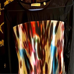 Patrizia Luca Black and Multi Hues Softly Pleated Graphic Net Blouse
